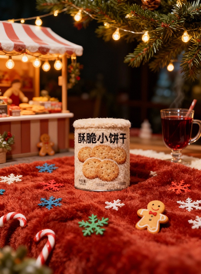 商品变毛绒绒质感，文字清晰。摆放在红棕毛绒毯上，点缀糖果色雪花与迷你姜饼人，背景是市集摊位模型、挂灯的松枝、热红酒杯，热闹氛围衬得毛绒更亮眼。