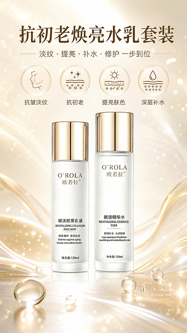 [商品] 使用【图1】欧若拉赋活精华水与赋活胶原乳液套装；保留两瓶的瓶身结构、比例、金色瓶盖、白色瓶身、O'ROLA欧若拉Logo、瓶身所有中英文文字和净含量标识；产品清晰完整，瓶身文字可读。
[画面] 目标：高端护肤套装头图海报，突出四大核心卖点。构图：产品居中偏下，两瓶并排站立，占画面约50%；上方大标题区，底部四个圆形利益icon横向排列；背景为渐变白金柔光质感，点缀水光粒子和细腻金色光斑；前景点缀透明水滴和淡金色丝光，营造轻奢护肤氛围。
[视觉] 套系策略：风格=高端轻奢美妆商业摄影风；标题字=优雅衬线粗体+现代无衬线组合；正文字=简洁无衬线体；主色=珍珠白+香槟金；背景延展=基于珍珠白做深浅渐变、柔光过渡和细腻水光质感；强调色=香槟金，仅用于小面积图标、引线、标签和光效；标题色=深棕金；正文色=暖灰棕；组件=圆角浅金信息卡、细线金色引线、圆形渐变icon；光影=前侧上方暖柔光，瓶身有自然高光反射。
[文字] 上方主标题"抗初老焕亮水乳套装"，副标题"淡纹·提亮·补水·修护 一步到位"；底部四个圆形icon分别写"抗皱淡纹""抗初老""提亮肤色""深层补水"；文字全部横排，不遮挡瓶身Logo和产品主体。
[规格] 图片比例9:16竖版，4K，避免变形、错字、文字过小、冷蓝背景、产品颜色改变、瓶身文字错乱、绝对化用语。