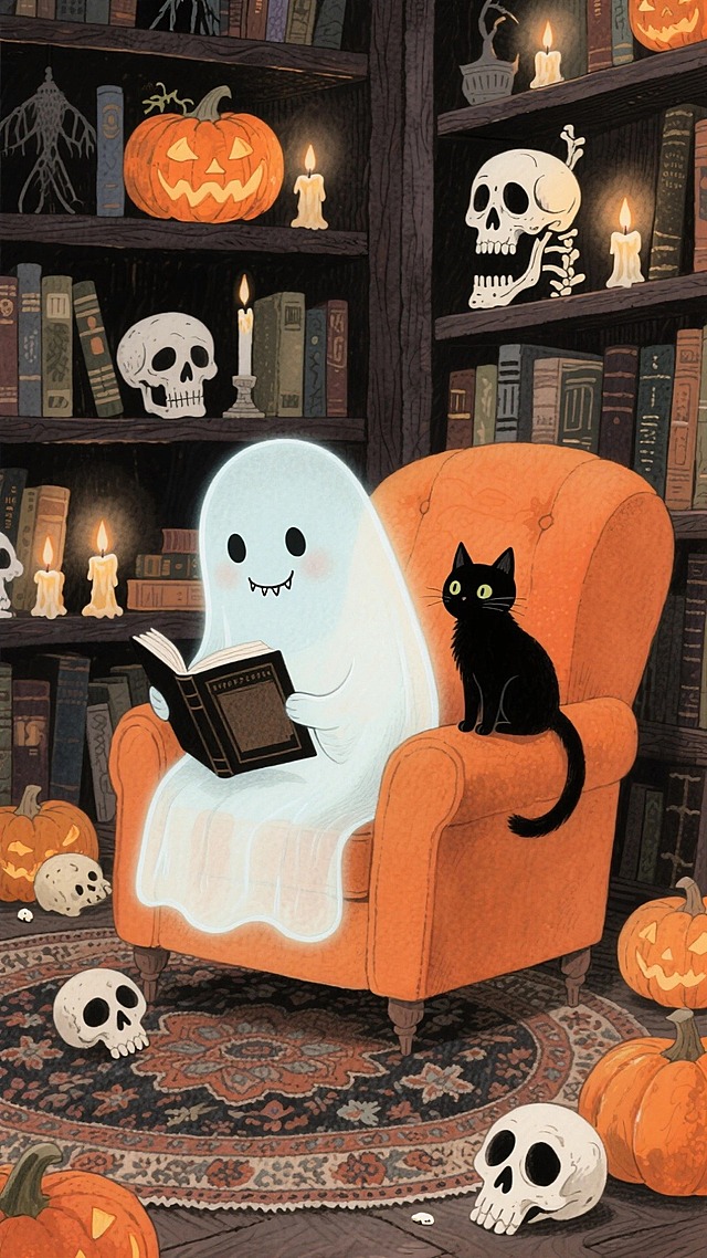 主体是一个可爱的幽灵，坐在橙色扶手椅上阅读书籍，旁边有一只黑色猫咪。背景是摆满书籍的深色木质书架，书架上装饰着南瓜灯、骷髅头、蜡烛等万圣节元素，地面有南瓜、骷髅头和地毯
