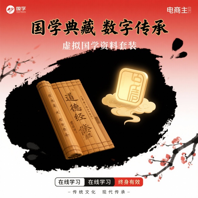 帮我设计一张800乘以800尺寸的电商图  要求红底大气简约 可以更改文字的中国风设计模板 我要买虚拟国学资料    多设计几张我挑选预览效果