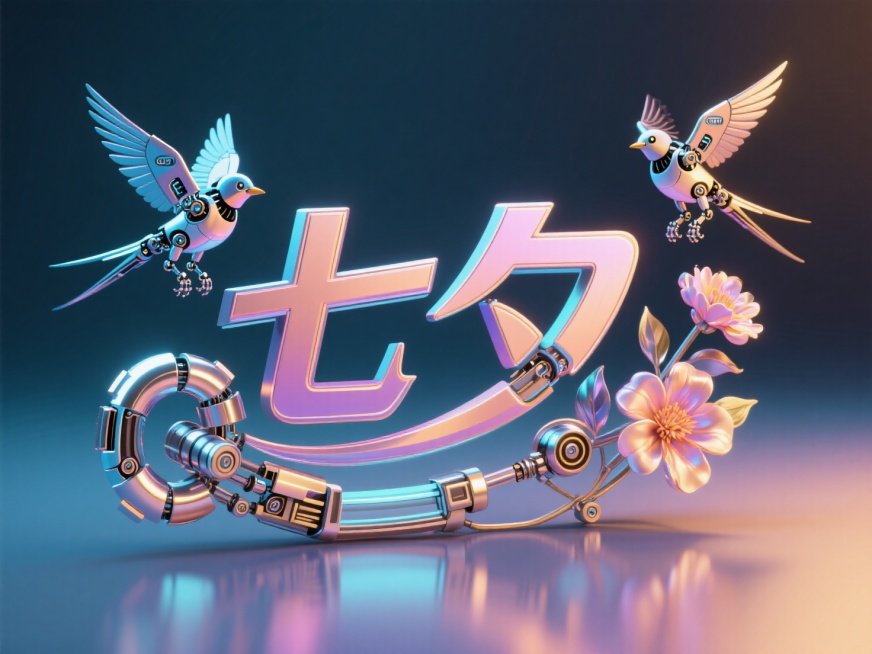 横向机械科技文字"七夕"，线条流畅，朋克风字体。创意字体设计点缀两只喜鹊造型的机器人、花朵元素，科技炫酷。朋克炫酷科技氛围。预览效果