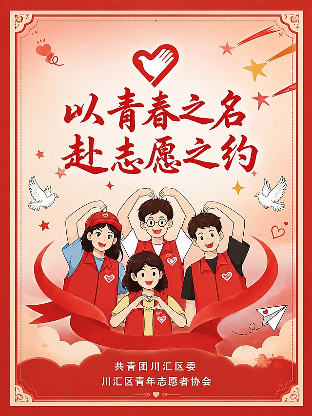 将这张志愿者主题插画设计为证书背面样式，调整为与参考证书相同的竖版比例（竖向长方形证书比例），整体采用红色主题色调，保留四名穿红色志愿者马甲的人物形象、志愿者标志、白鸽、爱心、星星、纸飞机等元素，中间大字标题为"以青春之名 赴志愿之约"红色书法字体，底部保留"共青团川汇区委 川汇区青年志愿者协会"文字，整体风格正式美观，适合作为证书背面，画面协调统一