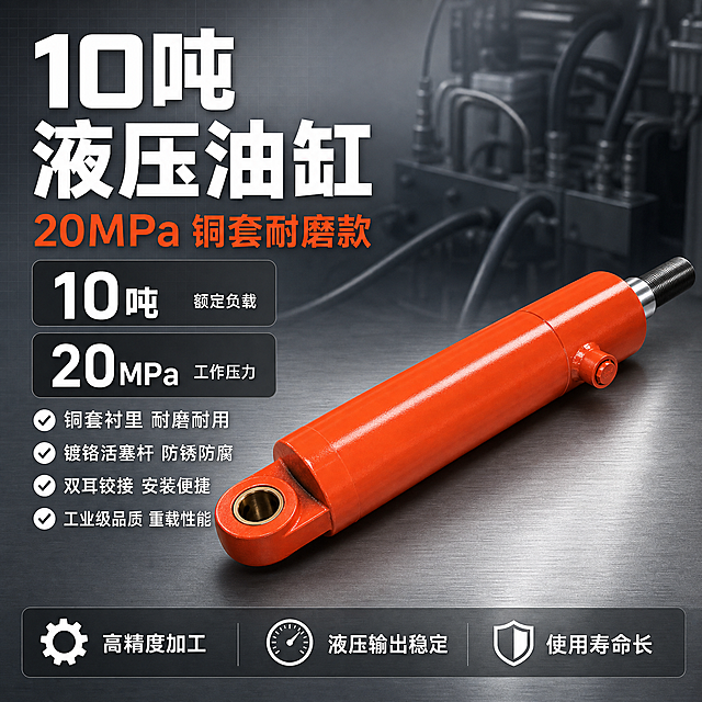 [单张主图] 10吨铜套液压缸20MPa 中文版工业风爆款主图，左文右品标签参数型版式，同时承担点击、理解、信任、转化四个任务。
[画面主体] 画面右侧展示1支完整的橙红色双耳铰接式液压缸，45度斜侧视角，缸体横向摆放，左端为带铜套的铰接耳环，右端为镀铬活塞杆伸出带螺纹，缸体侧面可见油口接头。产品精修，去除原图气泡膜背景和水印，清理表面灰尘划痕，金属质感清晰，缸体橙红色漆面均匀有光泽，活塞杆镀铬高光锐利，铜套耳环内部铜色质感真实。保持液压缸外观（物理结构、材质质感、颜色、尺寸比例、耳环形状、油口位置）与输入产品图完全一致，杜绝任何变形和色差，精细化处理。产品主体占画面约55%，位于画面中右侧，完整不裁切。
[构图版式] 采用左文右品标签参数型爆款版式。左侧约40%区域为文字信息区，右侧约60%为产品主体区；信息层级：主标题 > 核心参数数字 > 产品主体 > 卖点标签 > 底部权益条。
[场景元素] 背景为冷灰色工业风渐变背景，从左上浅灰过渡到右下深灰，带有细微的金属拉丝纹理和微弱的网格线装饰，营造专业工业氛围。产品下方有浅灰色工业金属台面承托，投下柔和自然的接触阴影，避免悬浮感。背景中隐约可见虚化的液压系统管路、工业设备轮廓作为氛围元素，不抢主体。画面无多余装饰边框。
[文案版式] 所有文字为中文，横排左对齐，放在左侧负空间，绝对不遮挡产品主体。
顶部主标题：大号粗体无衬线白字，分两行 "10吨" "液压油缸"，字体厚重有力，是画面第一视觉。
主标题下方紧跟一行稍小的辅助标题："20MPa 铜套耐磨款"，橙红色字，与产品颜色呼应。
中部核心参数区：2个圆角矩形参数卡片上下排列，卡片为深灰底白字，左侧大数字右侧说明：
第一张卡片：左侧超大数字 "10吨"，右侧小字 "额定负载"；
第二张卡片：左侧超大数字 "20MPa"，右侧小字 "工作压力"；
参数卡片下方是4个带勾选图标的卖点短句，每行一个，白字，字号中等：
"✓ 铜套衬里 耐磨耐用"
"✓ 镀铬活塞杆 防锈防腐"
"✓ 双耳铰接 安装便捷"
"✓ 工业级品质 重载性能"
底部通栏信息条：深灰色半透明渐变底条，横跨画面底部，内部分三列白字：
左列："高精度加工" 配小齿轮图标；
中列："液压输出稳定" 配压力表图标；
右列："使用寿命长" 配盾牌图标；
所有文字清晰锐利，字号对比强烈，主标题最大，参数数字第二大，卖点说明最小。
[光影质感] 主光从左上方45度入射，柔和而有方向性，照亮缸体上表面和左侧耳环，形成清晰的金属漆面高光；辅光从右下方补光，减弱暗部反差但保留体积感；活塞杆镀铬部分有锐利的条状高光，体现金属质感；铜套耳环内部有温润的铜色反光；整体光比适中，工业棚拍质感，明暗层次丰富，无廉价HDR效果。
[配色字体] 主色：冷灰色系背景；辅助色：产品橙红色（用于强调文字和装饰）；强调色：白色（主文字）、深灰色（卡片和底条）。字体：全部使用现代工业风无衬线粗体字，字重对比强烈，主标题超粗，参数数字粗体，说明文字常规字重。
[比例分辨率] 1:1正方形比例，2048x2048，2K分辨率，超高清商业摄影质感，文字清晰可辨。
[负向提示词] 产品变形，结构错误，文字错乱模糊，水印，电商平台Logo，气泡膜背景，华为水印，多余的手或人物，背景杂乱，脏污油污，锈迹，廉价感，悬浮无阴影，产品边缘硬切，色差严重。