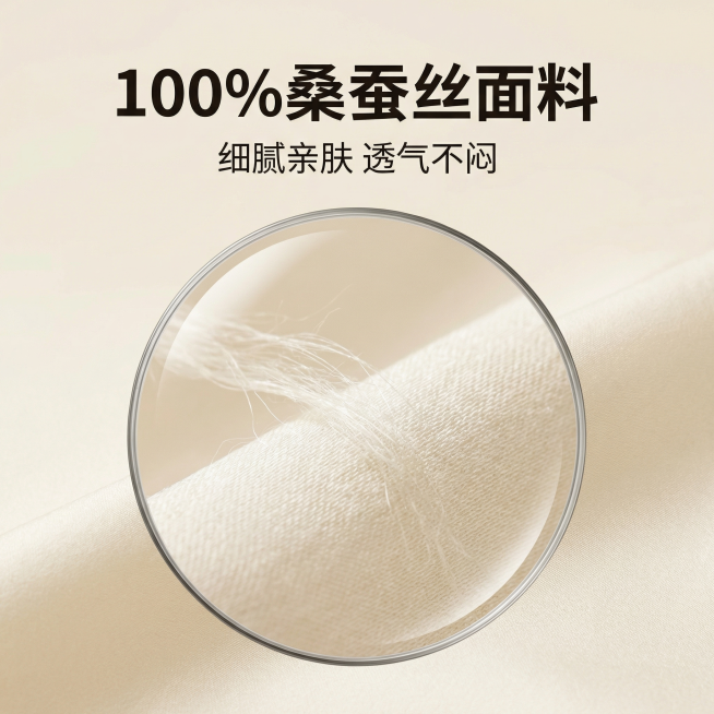 [主图 3] 桑蚕丝防晒面罩材质细节展示
[氛围/风格] 自然质感风，突出材质品质
[画面元素] 商业摄影质感、光线柔和通透、产品清晰真实、画面干净高级。微距放大展示桑蚕丝面罩面料纹理，背景为干净浅米预览效果
