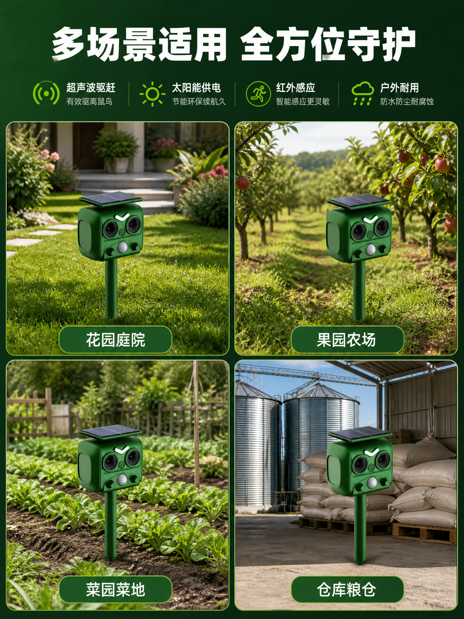 [商品] 使用【图1】太阳能超声波驱鼠驱鸟器；保留绿色机身、顶… - 图片创意预览