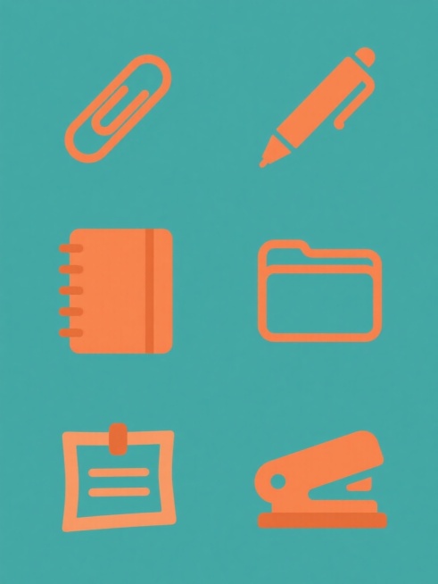 极简扁平风格图标集合，纯色背景，六个完全不同的办公用品元素（回形针、钢笔、笔记本、文件夹、便利贴、订书机），每个元素均采用橙色为主色调，线条流畅圆润，无渐变无阴影，规整网格排布，保持一致的简约设计语言和视觉权重，整体呈现干净利落的现代感。预览效果