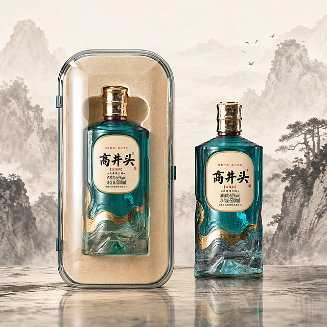 基于图片中的高井头52度宜城调白酒，换成写意水墨山水背景，正方形商品主图，展示带包装盒的完整产品，国风典雅风格