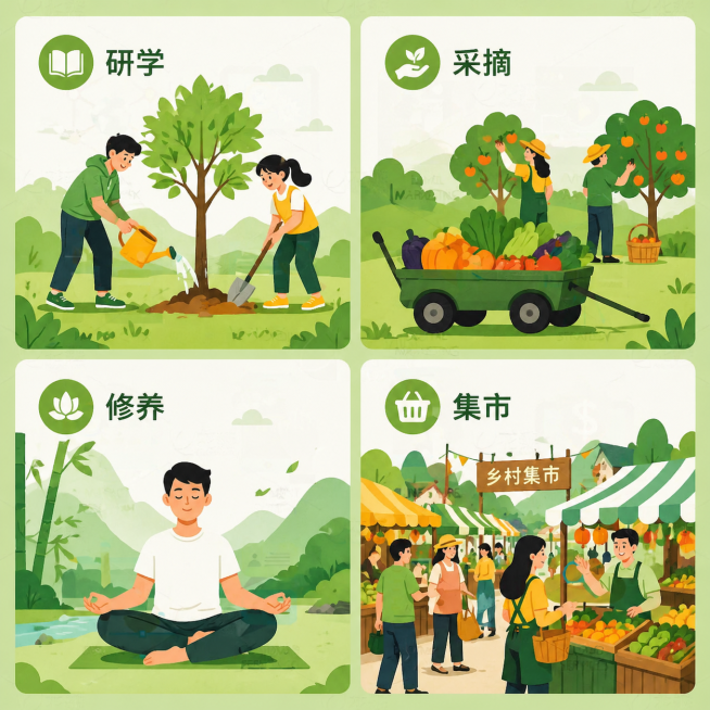 正方形背景，分为四个板块边框，内容分别是：第一个板块研学，两个人一起在浇树；第二个板块采摘，拉车上放着水果和蔬菜，后方有两个人在采摘；第三个板块修养，一个人在打坐；第四个板块集市，热闹的乡村集市，整体预览效果