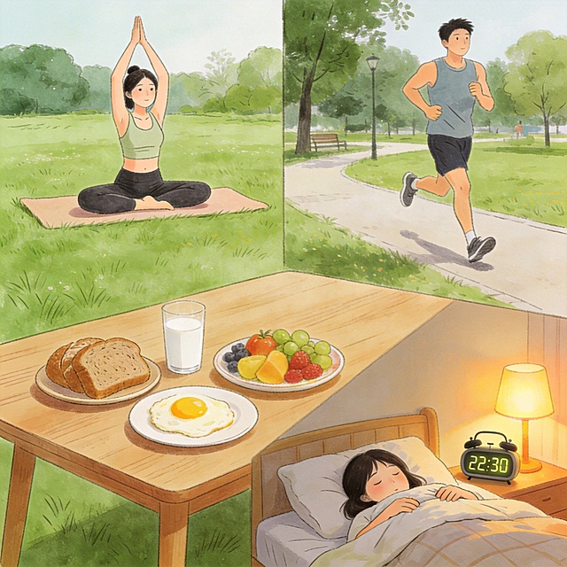 健康调整生活方式主题手绘插画，展示健康运动、均衡饮食、规律作息的场景，手绘插画风格，整体清新明快，画面无任何文字
