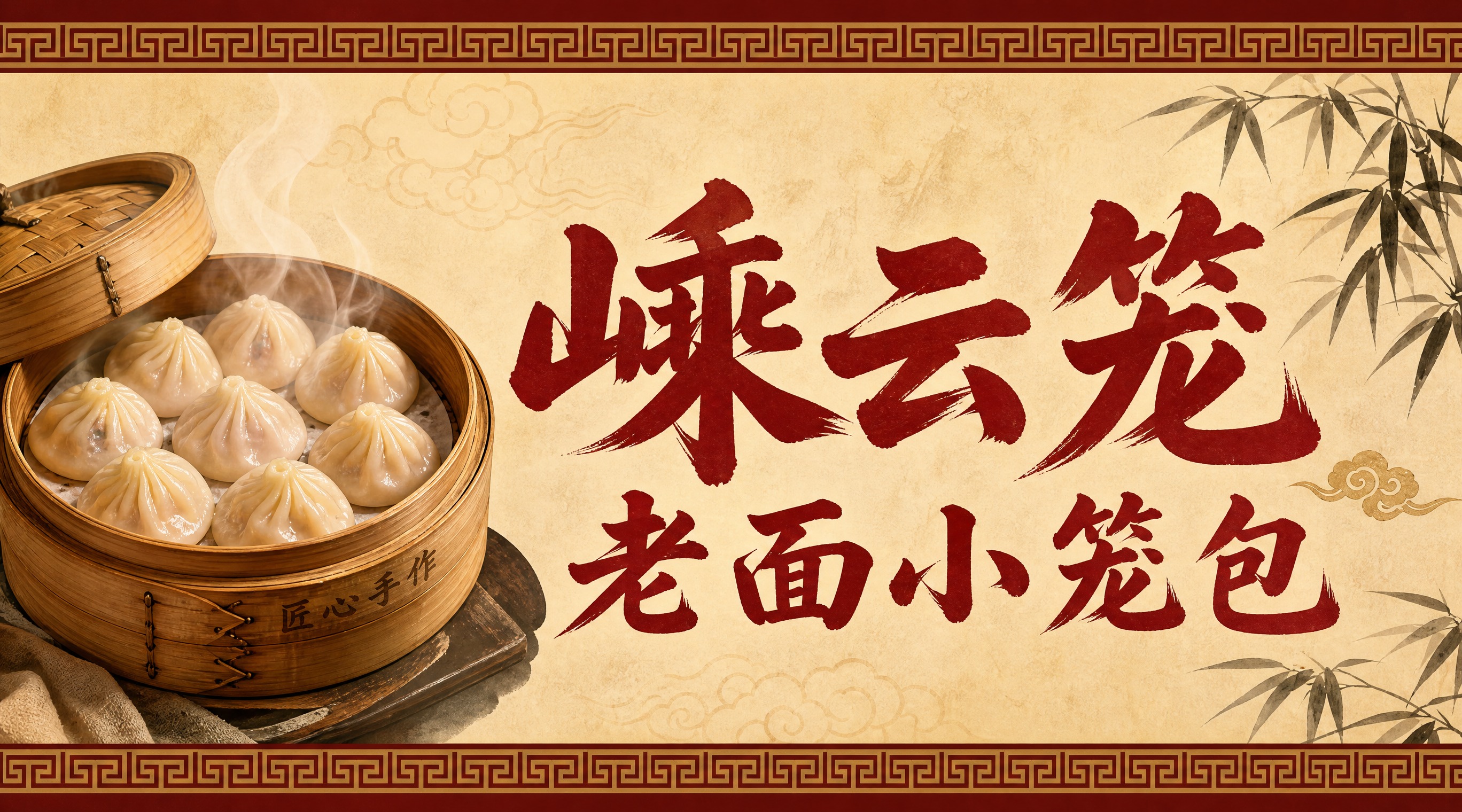 中式餐饮店招设计，横版长方形构图，店名"嵊云笼老面小笼包"用大… - 图片创意预览