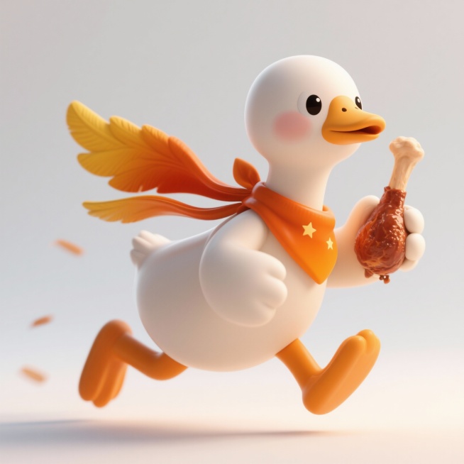 奔跑递送卤鹅：大步奔跑递卤鹅腿，飘动领巾，动态残影，适合促销场景设计预览效果
