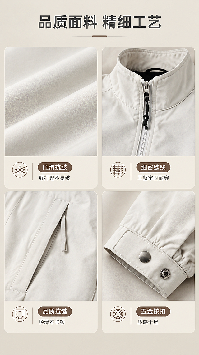 [商品] 使用【图1】米白色男士立领宽松夹克；商品处理：保留立领、中央拉链、斜插口袋、松紧下摆、袖口按扣、米白色和顺滑面料；放大展示面料纹理、拉链齿、缝线针脚、五金按扣细节；自然去皱，增强材质质感与光泽，不改变颜色和结构。
[画面] 目标：面料工艺细节页，展示夹克的材质与做工品质。构图：2×2宫格布局，4个细节特写分别为：面料纹理微距、拉链与领口缝线、口袋边角工艺、袖口按扣五金。每格配短标签。背景统一为浅米色哑光质感，有柔和光影过渡。
[视觉] 套系策略：风格=高级简约都市通勤商业摄影；标题字=现代无衬线粗体（字重Bold）；正文字=简洁无衬线体（字重Regular）；主色=米白暖灰；背景延展=基于米白暖灰做深浅层级、同色渐变和细腻哑光墙面/纸张质感；强调色=深棕咖，仅用于小面积图标、引线和标签；标题色=深炭灰；正文色=中暖灰；组件=圆角浅底信息卡、细线引线、极简标签；光影=左前侧暖柔光，柔和阴影。
[文字] 顶部主标题「品质面料 精细工艺」，4个宫格分别配短标签：「顺滑抗皱」好打理不易皱、「细密缝线」工整牢固耐穿、「品质拉链」顺滑不卡顿、「五金按扣」质感十足。文字横排，字号适中，手机端清晰可读。
[规格] 图片比例9:16竖版，resolution=2K，避免变形、错字、文字过小、冷蓝/蓝灰背景、面料颜色改变、工艺失真、极限词。