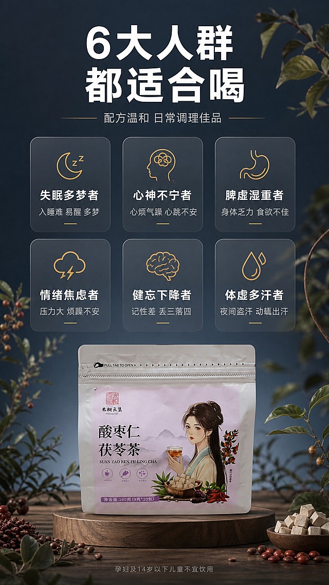 [商品] 使用【图1】酸枣仁茯苓茶产品袋；保留全部包装外观、颜色、文字与Logo；产品外观完全不变。
[画面] 痛点共鸣页，目标精准触达6大适用人群。产品袋放在画面下方木质展台上，占画面25%。上方和中部分布6个人群场景卡片，3列2行排列，每张卡片为半透明深灰圆角矩形，内有对应图标和文字。6类人群：失眠多梦者、心神不宁者、脾虚湿重者、情绪焦虑者、健忘记忆力下降者、体虚多汗者。背景深灰蓝渐变，四周有草本枝条装饰。
[视觉] 套系策略：风格=高级暗调商业摄影；标题字=简约黑体粗体；正文字=简洁黑体细体；主色=深灰蓝；背景延展=深灰蓝到浅灰的竖向渐变，搭配木质展台与自然植物元素；强调色=暖金色，仅用于小面积图标、引线、标签和重点字；标题色=纯白色；正文色=浅灰色；组件=细线图标、半透明圆角信息卡、细引线；光影=左前侧柔和侧逆光，产品有自然高光与阴影。
[文字] 顶部大标题 6大人群 都适合喝 白色粗体；副标题 配方温和 日常调理佳品 浅灰色细体；6张卡片每张上方暖金色细线图标 下方白色人群名称 再下方浅灰色小字症状描述 1.失眠多梦者 入睡难 易醒 多梦 2.心神不宁者 心烦气躁 心跳不安 3.脾虚湿重者 身体乏力 食欲不佳 4.情绪焦虑者 压力大 烦躁不安 5.健忘下降者 记性差 丢三落四 6.体虚多汗者 夜间盗汗 动辄出汗；底部小字 孕妇及14岁以下儿童不宜饮用 浅灰色提醒。
[规格] 图片比例9:16竖版，2K，避免变形、错字、模糊、杂乱、水印、平台Logo、医疗功效宣称、绝对化用语。