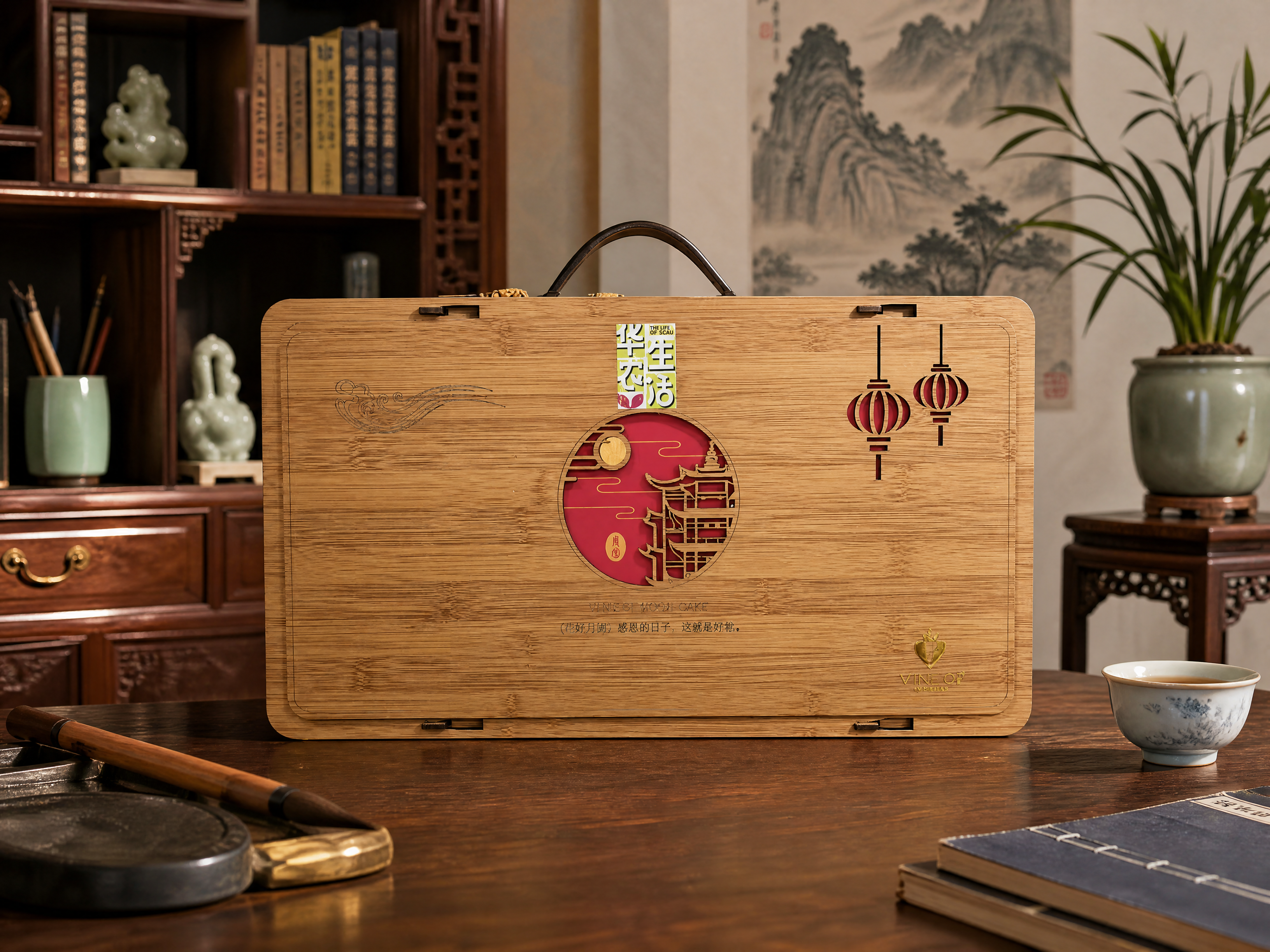 将背景替换为新中式风格场景。月饼礼盒严格参照上传产品图，完整保… - 图片创意预览