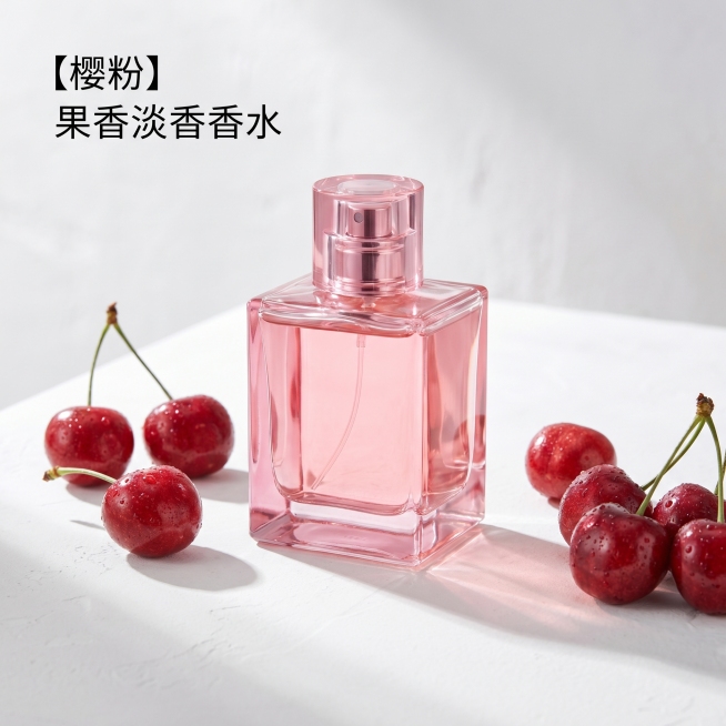 [主图 1] 高端粉色香水首图展示；[氛围风格] 高端极简纯净氛围感，大气高级感；[画质] 商业摄影质感，光线柔和通透，产品清晰真实，画面干净高级；[元素] 主体是玻璃质感粉色香水瓶，瓶身通透干净，放预览效果