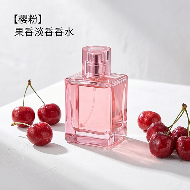 樱粉香水瓶身晶莹剔透，融合玻璃风与轻拟物设计，搭配水珠樱桃，营造清新、甜美、柔和的视觉氛围，光影交错间尽显简约主义美学。