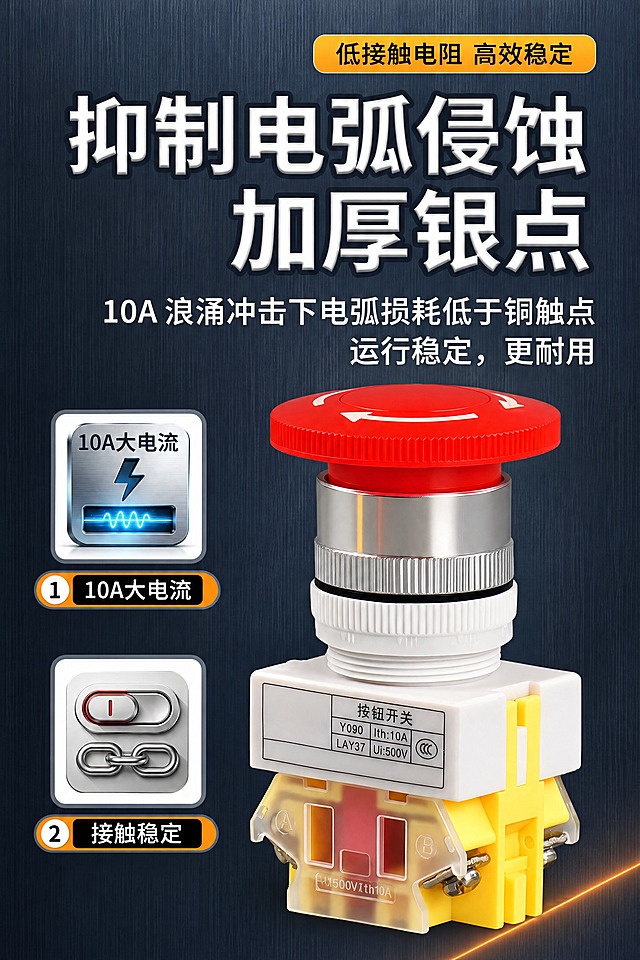不要重新生成产品，红色蘑菇头按钮保持原样。红色蘑菇头急停按钮外形、金属帽、黄色底座完全不动，从原背景抠出来。

重点擦除产品白色标签上这两处擦完补白：1.黑色CHKL四个字母；2.浙江凯蓝电气科技有限公司一整行；标签上保留的内容一个像素不动：按钮开关、Y090、Ith:10A、LAY37、Ui:500V、CCC标志。

必须保留的文字一个字不能少：顶部橙色标签低接触电阻 高效稳定；大标题抑制电弧侵蚀/加厚银点；副标题两行10A浪涌冲击下电弧损耗低于铜触点/运行稳定，更耐用；左侧两个图标+标注：10A大电流（闪电波形图标）、接触稳定（开关链条图标）。

排版：产品位置、图标位置、标题位置可以自由调整，不必和原图一样；产品形状和文字内容不能改。

背景必须彻底换掉：彻底去掉现在的模糊工厂车间背景、机器设备、地板线条，全部换成深海军蓝灰色金属拉丝质感，右下角一道细橙色光带；不要保留任何工厂、机器、车间元素。

竖版750px宽。