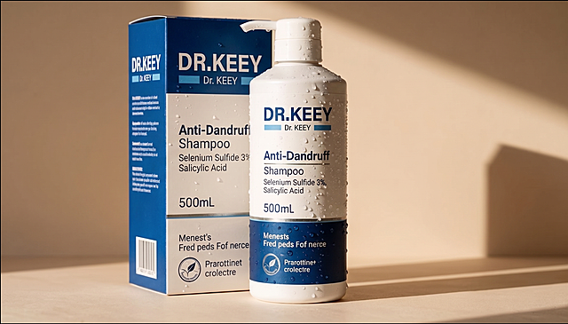 参考原洗发水图片，重新设计外包装：保留瓶子造型，品牌名为"DR.KEEY"，品牌名下方添加文字"KEEY博士"，核心成分"二硫化硒3% 水杨酸"改为纯英文"Selenium Sulfide 3%, Salicylic Acid"，在洗发水瓶子旁添加一个同品牌产品包装盒，保持真实产品摄影质感，整体构图自然协调，光影干净