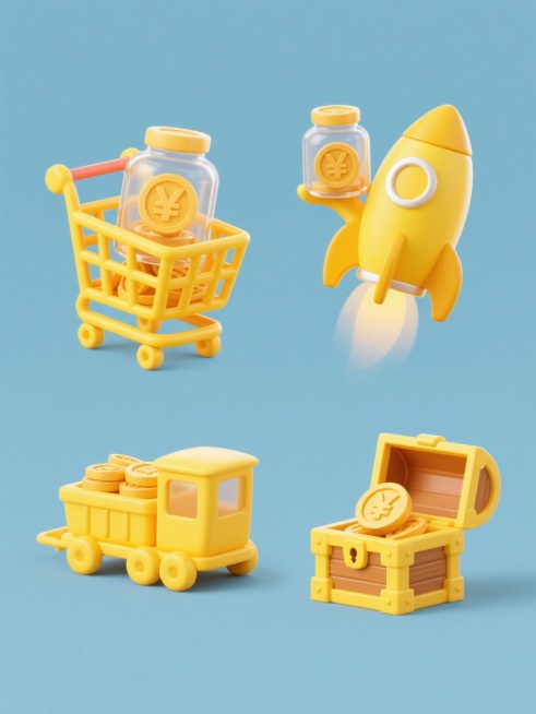 一组4个不同造型的3D卡通风格充值元素系列素材，纯色背景，保持原有的明亮黄色调与柔和光影，每个元素均包含透明玻璃罐与带有日元符号的金币核心充值元素，造型分别为：1. 黄色购物车装着金币罐，2. 黄色小火车车厢载着金币罐，3. 黄色火箭造型托举金币罐，4. 黄色宝箱打开露出金币罐，所有元素排列规整，无任何文字，保持统一的圆润可爱造型语言与光滑塑料质感，整体构图均衡对称。预览效果