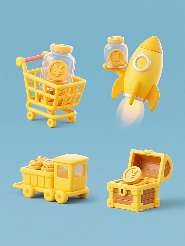 一组4个不同造型的3D卡通风格充值元素系列素材，纯色背景，保持原有的明亮黄色调与柔和光影，每个元素均包含透明玻璃罐与带有日元符号的金币核心充值元素，造型分别为：1. 黄色购物车装着金币罐，2. 黄色小火车车厢载着金币罐，3. 黄色火箭造型托举金币罐，4. 黄色宝箱打开露出金币罐，所有元素排列规整，无任何文字，保持统一的圆润可爱造型语言与光滑塑料质感，整体构图均衡对称。