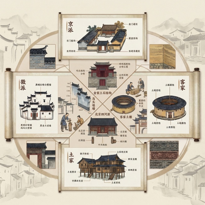 中式卷轴中央核心符号图腾细节与结构图，水墨线条勾勒徽派建筑、客家土楼、北京四合院、晋派民居轮廓并交汇于中心，分区域呈现四地民居核心结构：徽派马头墙阶梯式结构带尺寸标注、客家土楼向心圆夯土墙结构带承重节预览效果