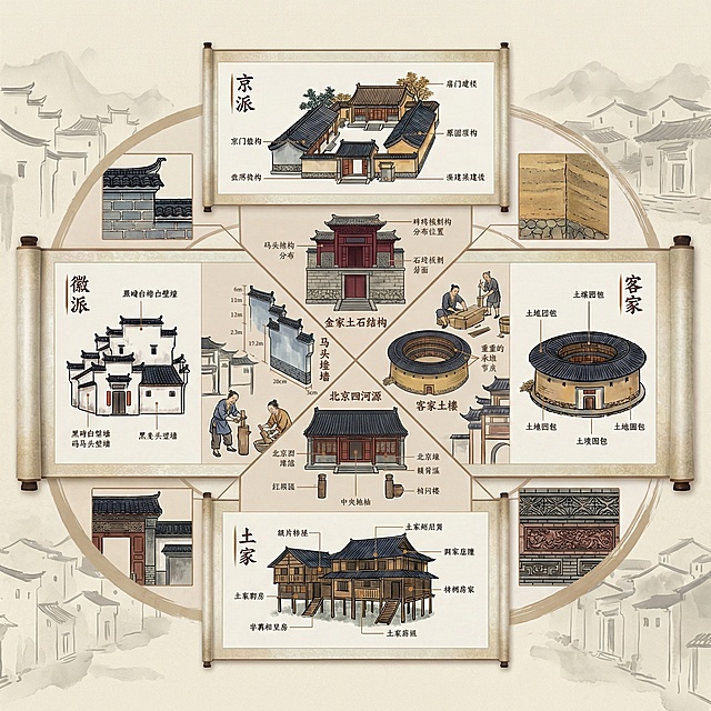 中式卷轴中央核心符号图腾细节与结构图，水墨线条勾勒徽派建筑、客家土楼、北京四合院、晋派民居轮廓并交汇于中心，分区域呈现四地民居核心结构：徽派马头墙阶梯式结构带尺寸标注、客家土楼向心圆夯土墙结构带承重节点标注、北京四合院中轴线布局标注、晋派民居土石结构带砖雕分布标注，搭配细节图放大呈现马头墙砖缝、夯土肌理、门簪门墩、砖雕纹样，色彩以黑瓦白墙为基调，点缀对应地域色彩，文字为深棕色标注