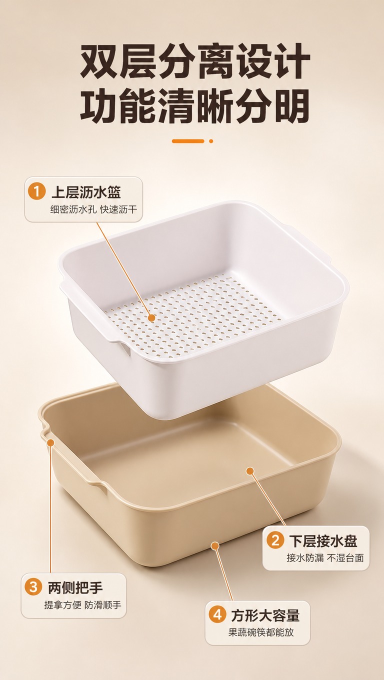[商品] 使用【图1】双层方形沥水篮；保留奶白色上层沥水篮、浅… - 图片创意预览