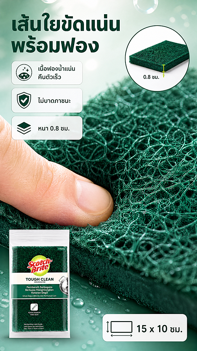 [商品] 使用【图1】绿色 Scotch-Brite TOUGH CLEAN 百洁布；保留绿色研磨纤维与深绿海绵层的材质、颜色与厚度，包装文字与 Logo 原样不改；商品处理：微距放大表层纤维走向、孔洞与海绵回弹结构，拇指轻按产生自然凹陷与回弹细节，接触阴影与高光真实。
[画面] 页面目标：材质细节与触感；微距放大一片百洁布占画面 75%，右上角叠加圆形画中画小图展示整体形态与 0.8 公分厚度；拇指自左下角按压入镜，仅作触感展示且目标明确（按压回弹）；阅读动线由微距细节到数据浮窗；景别极近微距；背景为深绿到薄荷的渐变材质延展。
[视觉] 套系策略：风格=跨境清洁日用清新商业摄影，真实客观、极简、少装饰；标题字=泰语粗黑无衬线体；正文字=泰语常规无衬线体；主色=深绿；背景延展=基于深绿与浅薄荷白做同色深浅渐变、明暗层级、清水与皂泡细腻质感；强调色=明黄绿，仅用于小面积图标、引线、标签、局部光效；标题色=深墨绿；正文色=中性深灰；组件=圆角浅底信息卡、细线引线、圆形编号徽章、虚线步骤条；光影=明亮均匀的厨房顶部柔光加微弱前侧补光。
[文字] 顶部泰语主标题 "เส้นใยขัดแน่น พร้อมฟอง"，三个短说明 "เนื้อฟองน้ำแน่น คืนตัวเร็ว"、"ไม่บาดภาชนะ"、"หนา 0.8 ซม."，右下数据浮窗 "15 x 10 ซม."；全部文字横向排版，禁止竖排、旋转、斜排，不遮挡产品。
[规格] 9:16 竖版，4K，负向提示：避免手指畸形、材质失真、颜色改变、错字、水印、价格信息、绝对化用语、冷灰白单调背景。