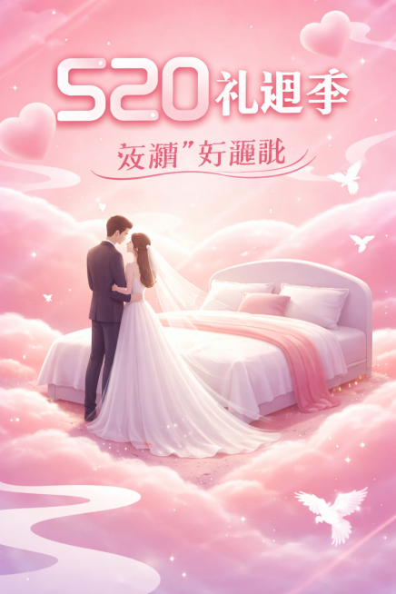 参考原图的粉色浪漫渐变云风格，主题文字改为“520礼遇季”，传播文案是“没螨”好睡眠，把剪影换成身穿婚纱的新人站在床前，保留爱心和飞鸟等浪漫元素，整体风格浪漫清新，粉色渐变背景。预览效果