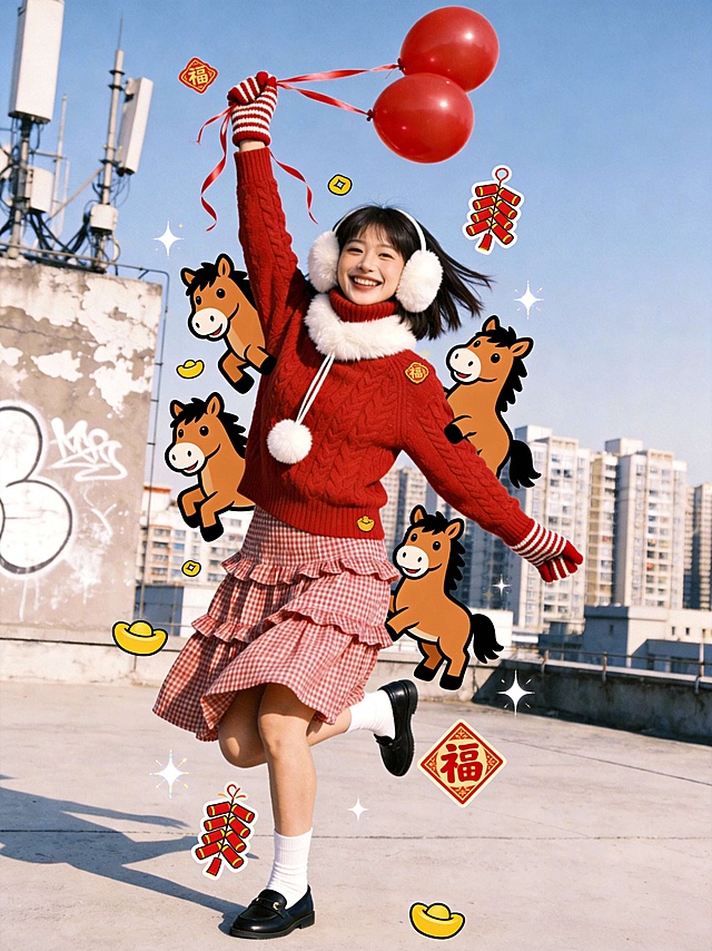 使用已上传照片，严格保持人物脸部、身体、衣物的颜色与纹理完全逼真，不改变背景视角以及图片色调，人物单独一个图层，不给人物描边，皮肤质感真实。在照片上的人物身后空间进行装饰，打造前后多层插图造景深的马年拜年主题极繁波普风的插画元素：多只粗黑轮廓、扁平色块的小唐马从人物的肩膀、衣角等身体各处探头探出，姿势各异，歪头、探脑、扒边萌态尽显。人物周围点缀少量小的元宝、鞭炮轮廓、福字形状图案、闪光等新年贴纸，所有贴纸元素仅密集分布在人物周身区域（如头顶、肩头、腰侧、脚边），全程聚焦人物周边排布，图案不出现在人物面部。