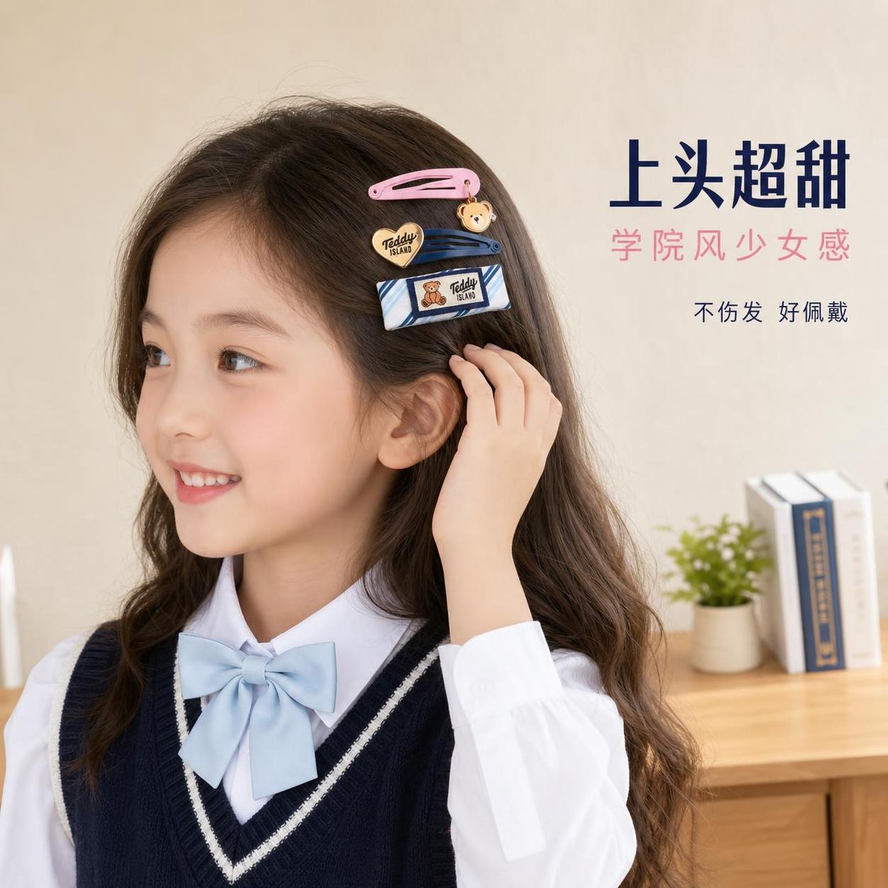 [主图-2] 小女孩佩戴发夹侧面展示图，学院风甜美穿搭，真实使… - 图片创意预览