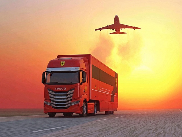 将图2中的黄色货车替换为图1中的红色依维柯法拉利运输卡车，货柜为关闭状态，完全保留图2里日落公路、低空飞行飞机、暖橙天空的全部背景元素，光影、透视、写实风格和图2完全统一，融合自然无违和