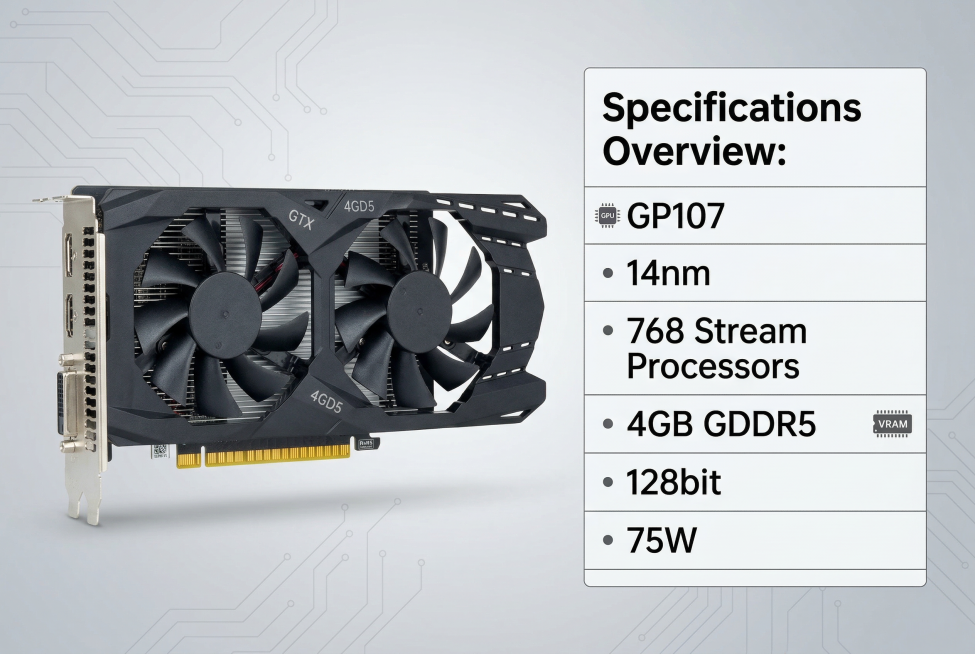 亚马逊3C高转化风格，左侧放置GTX1050Ti 4GD5显卡，右侧放置参数清单，浅灰科技背景，配英文文案"Specifications Overview: GP107 / 14nm / 768 St预览效果