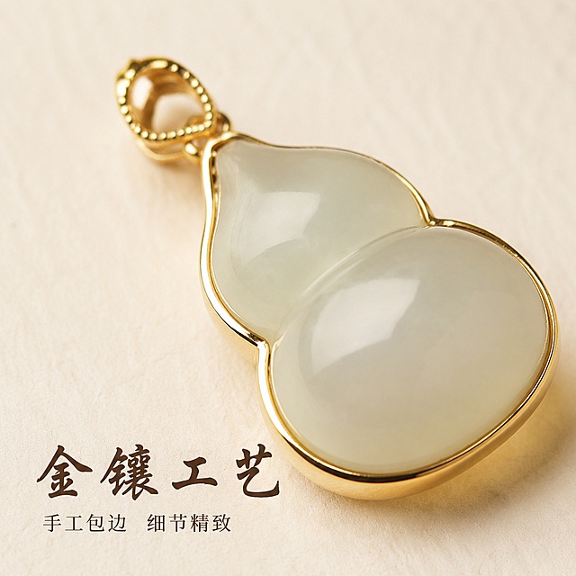 [主图-2] 天然和田玉葫芦吊坠材质工艺展示，氛围风格为国风简约质感，突出材质细节。画质为商业珠宝微距摄影，细节清晰锐利，玉石纹理真实可见。元素为天然和田玉葫芦吊坠金镶部分微距特写，保持产品外观（物理结构、材质质感、颜色）与输入产品图绝对一致，杜绝任何变形和色差，精细化处理。展示金色包边焊接细节和玉石温润表面，放置在米白色宣纸上，背景干净无杂物，玉石纹理清晰展示。商品主体占比70%，微距特写突出工艺。光影为柔光打亮玉石表面，突出玉质细腻通透感，金属包边用轮廓光体现光泽，阴影柔和不生硬。配色为主色玉石浅青，金色包边，米白背景，干净简洁突出主体。视角构图为微距平视特写，焦点在包边与玉石连接处，景深较浅突出细节。文字版式为左下角对齐排版，大字文案"金镶工艺"，深棕色书法字体；辅助文案"手工包边 细节精致"，字号缩小一半，文字不遮挡核心细节。比例分辨率为1:1比例，4k分辨率，文字清晰锐利，画面超高清。负向提示词为变形，文字错乱，产品模糊，背景杂乱，水印，电商平台Logo