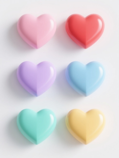 六个规整排布的3D立体心形，每个心形拥有不同的纯色（如粉色、红色、浅紫、淡蓝、鹅黄、薄荷绿），心形表面光滑有轻微光泽感，呈现简约现代的几何造型，悬浮于纯白色纯色背景之上，无任何文字、logo或水印，整体构图平衡对称，光影柔和，突出心形的立体感和色彩的明快对比。预览效果