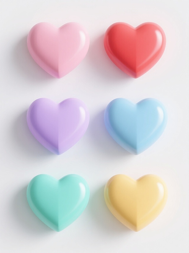 六个规整排布的3D立体心形，每个心形拥有不同的纯色（如粉色、红色、浅紫、淡蓝、鹅黄、薄荷绿），心形表面光滑有轻微光泽感，呈现简约现代的几何造型，悬浮于纯白色纯色背景之上，无任何文字、logo或水印，整体构图平衡对称，光影柔和，突出心形的立体感和色彩的明快对比。