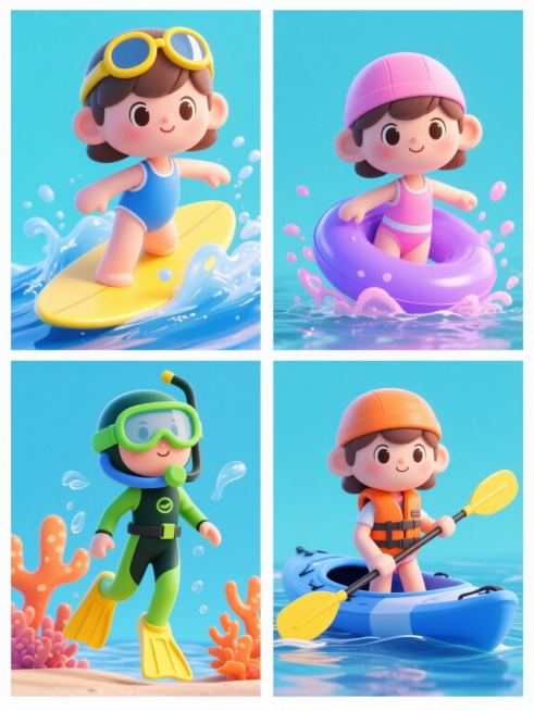 一组四张规整排布的系列插画，每张均为纯色背景，保持原3D立体风格、可爱卡通Q版人物设计、圆润造型、明亮光影和细腻材质感，画面整体色彩变换且每张不同。每张插画中均有一位穿着不同运动服饰的活泼小女孩，分别进行着不同的水上运动：第一张为穿着蓝色泳衣戴黄色泳镜在黄色冲浪板上冲浪溅起蓝色水花，第二张为穿着粉色泳衣戴粉色泳帽在紫色游泳圈上戏水扬起粉色水花，第三张为穿着绿色潜水服戴绿色面镜脚踩黄色脚蹼从橙色……预览效果