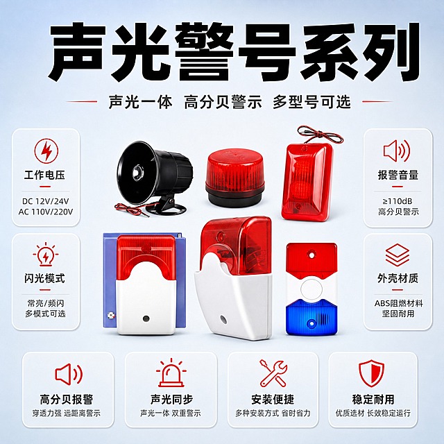 [主图-1] 首图点击率 声光警号系列全家福+核心利益主标题 建立专业报警设备品牌形象。
[统一基调] 风格=报警行业专业商业摄影 克制高级大气；标题字=粗黑无衬线黑体 厚重有力 字号最大优先凸显；正文字=简洁无衬线体；主色=浅蓝色+浅灰色；背景延展=浅蓝到浅灰柔和渐变棚拍背景 柔和均匀棚拍光 产品底部有自然接触阴影；强调色=警示红 仅用于小面积图标 引线 标签和重点文字点缀；标题色=纯黑色；正文色=深灰色；组件=圆角浅灰信息卡 细红线引线 简约线性图标；光影=柔和棚拍顶光+前侧柔光 产品清晰立体 无过曝。
[画面] 使用【图1】6款声光警号系列设备全家福（左上黑色喇叭警号带支架红黑线 中上红色圆形警示灯黑底 右上红色方形双灯警号顶部出线 左下红白方形警号红上白下左侧紫白接头 中下红白带底座警号斜侧视角 右下红蓝双色警示灯上红下蓝）。产品居中错落排列 主体占画面60% 上方大标题区 左右两侧各2个参数信息框 下方核心卖点条 整体满版排布不留空白。保留每款设备的结构 颜色 材质 形状比例和外观细节 原图外观不扭曲不变形。
[光影质感] 商业摄影质感 柔和棚拍顶光 产品边缘高光清晰 底部自然接触阴影 立体感强 无过曝无暗角。
[配色] 主色浅蓝色+浅灰色渐变背景 警示红点缀 产品名称纯黑色 正文深灰色 杜绝深色单一颜色和过于彩色。
[文字版式] 顶部主标题"声光警号系列"（纯黑色最大字号 优先凸显） 副标题"声光一体 高分贝警示 多型号可选" 左右两侧参数框：工作电压 报警音量 闪光模式 外壳材质 下方4个卖点条：高分贝报警 声光同步 安装便捷 稳定耐用。所有文字横排 不遮挡产品主体 空白位置全部用产品优势文字填充 不留空白区域。文字占比<30% 一图一重点。
[输出要求] 比例1:1 2048x2048 2K 文字清晰可读 产品清晰不变形 负向：避免设备变形扭曲 颜色改变 结构缺失 文字竖排斜排 深色背景 过于彩色 空白区域过多 蚂蚁字 错字 京东logo或平台水印 绝对化用语 悬浮感。