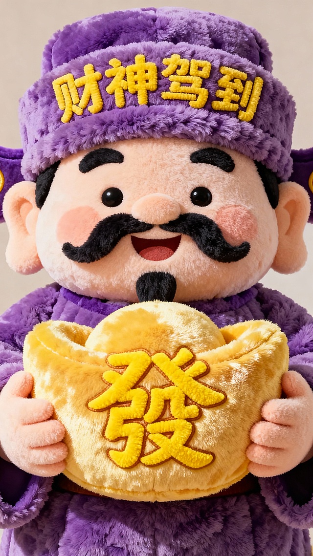 软3D风卡通财神，毛绒质感搭配重拟物设计，手持金元宝，喜庆可爱，传递新春祝福。