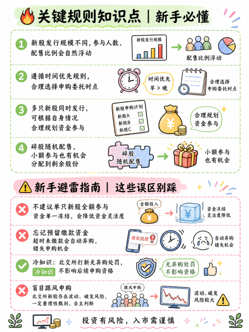 仿照参考图小红书简洁手绘涂鸦风格，比例3:4竖版，上下分区版式，多元冷暖清新配色，画面信息量饱满，完整保留所有文字内容：🔥关键规则知识点｜新手必懂 1️⃣ 新股发行规模不同，参与人数、配售比例会自然预览效果