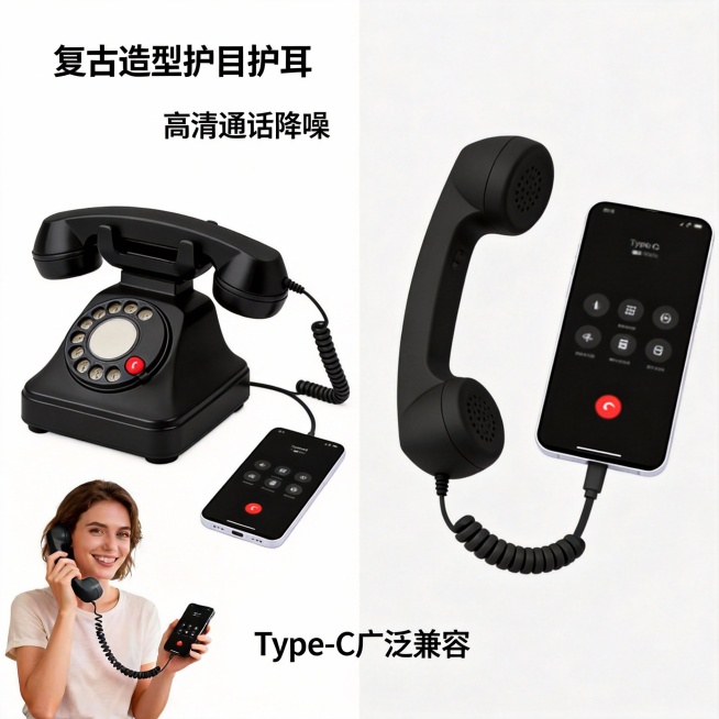 以图中的Type-C电话听筒为元素,复古有线插入式手持手机听筒带麦克风，适用于手机视频会议、通话、会议,生成6张跟Type-C电话听筒有关的图,物体主体特征不变,比例 「1:1」预览效果