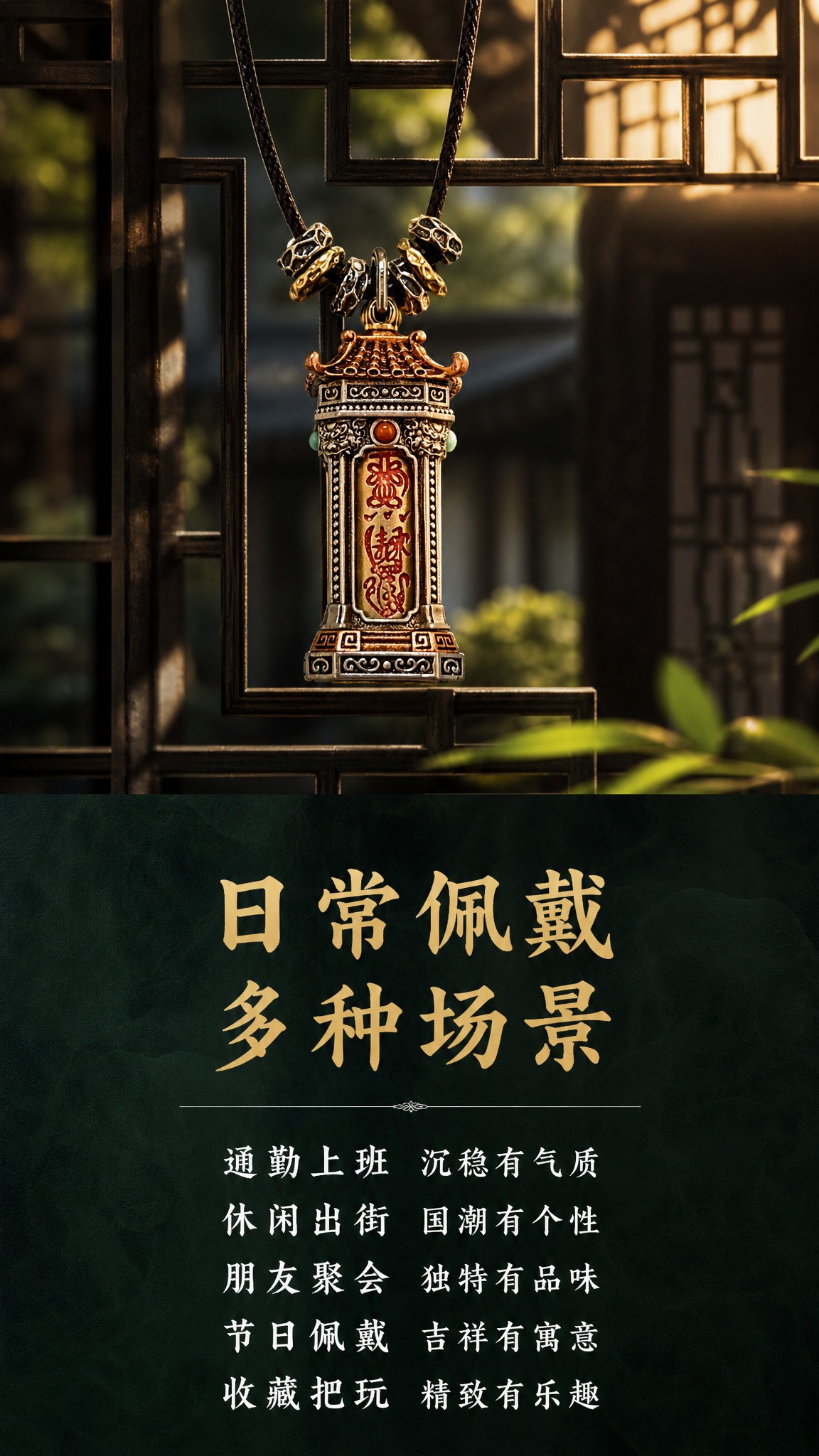 淘宝天猫详情页，9:16竖版，深色中式场景风格，深墨绿色背景，… - 图片创意预览