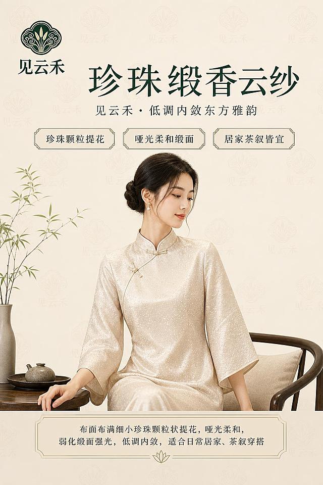 一张40×60cm竖版新中式东方雅致风格服饰海报，纯米色底色，背景布满淡淡的「见云禾」品牌logo暗纹（参考图1的绿色祥云麦穗logo，以同色系浅米色暗纹形式平铺在背景中，低调不抢眼）。画面中央偏下位置是一位东方气质的亚洲女性模特，身着珍珠缎香云纱中式服装（旗袍或改良汉服款式），布面布满细小珍珠颗粒状提花，哑光柔和缎面质感，弱化强光，低调内敛。模特姿态优雅从容，侧身微转，适合日常居家与茶叙穿搭氛围。画面上方主标题大字「珍珠缎香云纱」，副标题「见云禾 · 低调内敛东方雅韵」，下方分布三个卖点标签：「珍珠颗粒提花」「哑光柔和缎面」「居家茶叙皆宜」。底部有一段面料描述文字：「布面布满细小珍珠颗粒状提花，哑光柔和，弱化缎面强光，低调内敛，适合日常居家、茶叙穿搭」。左上角放置「见云禾」品牌logo（与参考图一致，深绿色）。整体色调为米白、浅米色为主，点缀深墨绿色，禅意雅致，柔和自然光，高级质感，版式精美，留白舒适，文字清晰可读，四周留安全边距。画面中所有信息区域必须填充完整合理的内容，不得出现空白框或占位。画面中必须完整呈现以下文字信息：「珍珠缎香云纱」「见云禾」「珍珠颗粒提花」「哑光柔和缎面」「居家茶叙皆宜」「布面布满细小珍珠颗粒状提花，哑光柔和，弱化缎面强光，低调内敛，适合日常居家、茶叙穿搭」。所有文字精确渲染，不得错位、遗漏或编造。