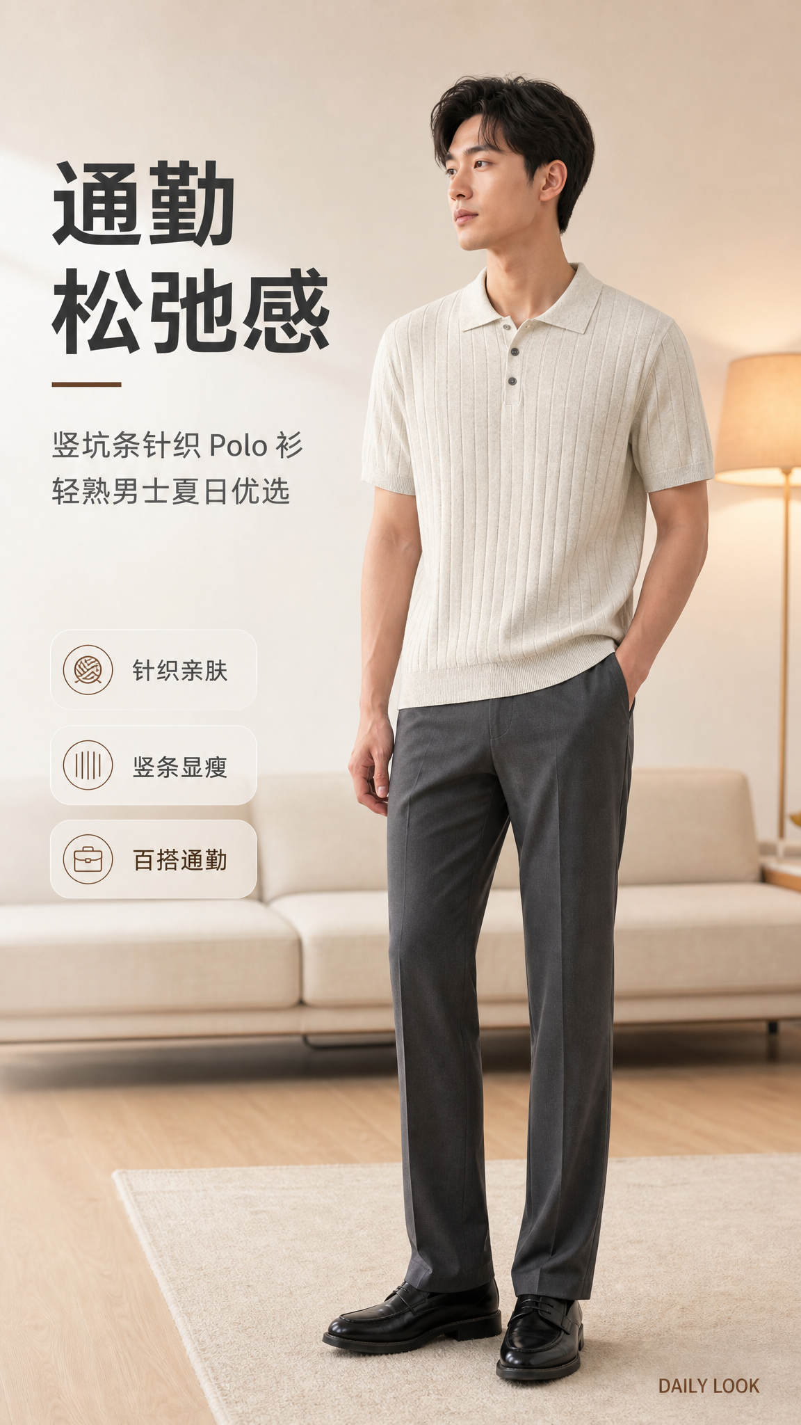 [商品] 使用【图1】男士燕麦米白色竖坑条针织短袖Polo衫；… - 图片创意预览