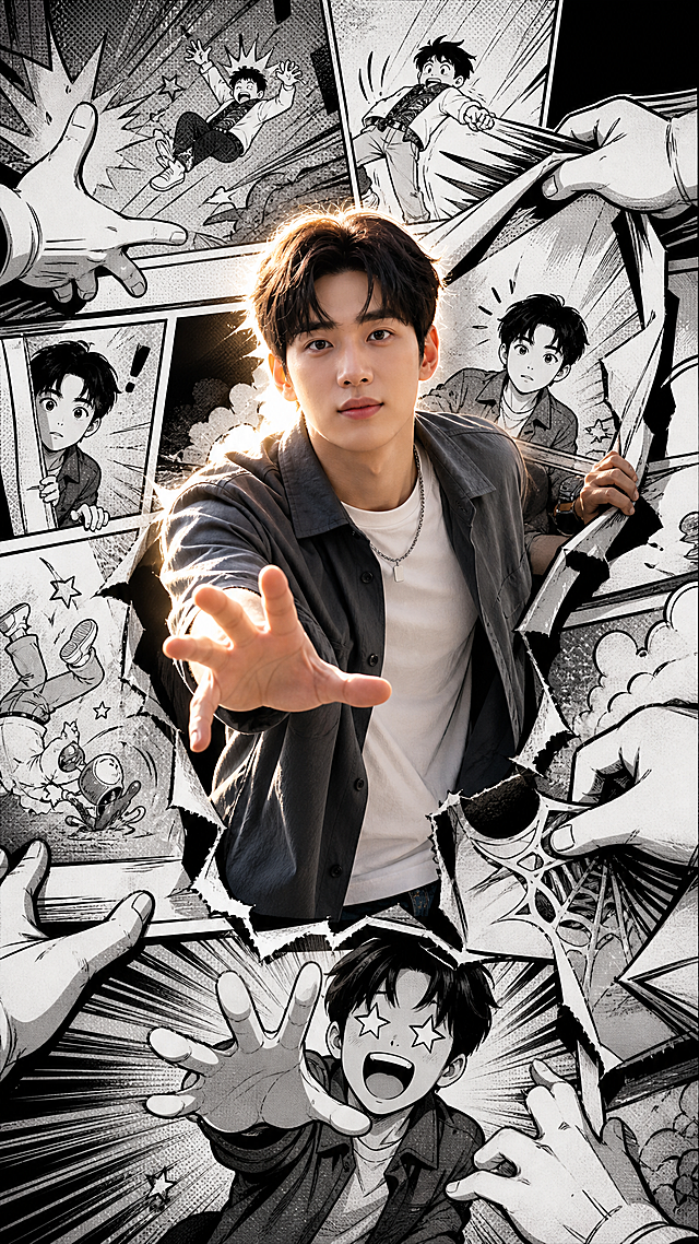 跨次元创意人像海报，以「真人闯入黑白漫画」为核心概念。画面中央的主角采用全彩写实摄影风格，色彩鲜活饱和、细节锐利，搭配戏剧性侧逆光打光，成为视觉焦点，仿佛正从漫画场景中 “跨出”。背景为无文字的黑白美式漫画分镜，以粗犷有力的线条与高对比度绘制，围绕主角展开幽默夸张的叙事场景，布局连贯巧妙。主角的姿态与表情与周围漫画无缝互动，既强烈跳脱于单色背景之上，又与叙事紧密联结，仿佛已成为漫画现实中不可分割的一部分。整体风格混搭鲜活，氛围生动，4K 超精细质感