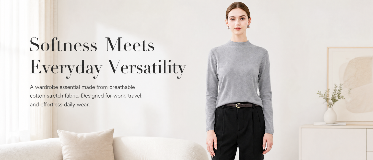 [第1屏] 本屏功能定义：Women's Gray Long Sleeve Cotton Stretch Crew Neck T-Shirt main visual landing page, fea预览效果