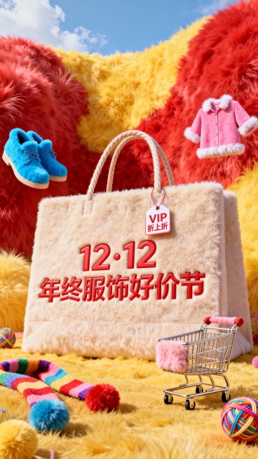 主视觉为一个大型购物袋，购物袋上展示3D文字 “12·12 年终服饰好价节”。购物袋上挂着小字标签“VIP折上折”，背景为高饱和红黄配色，微缩元素（鞋子、衣服、购物车、围巾、毛线球）装饰。预览效果