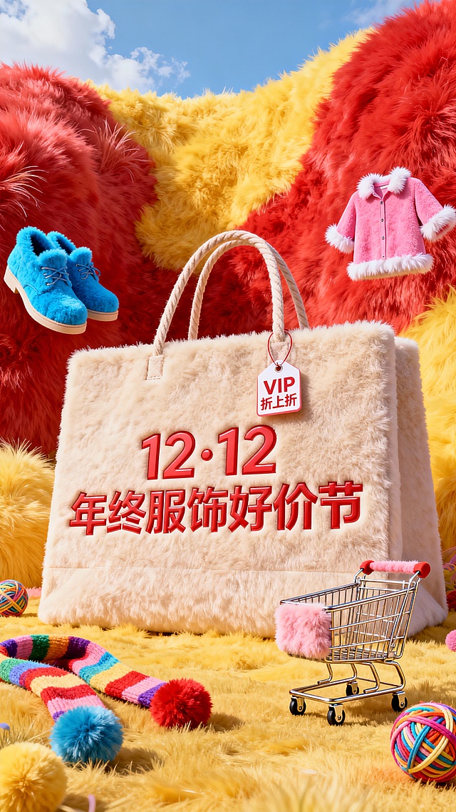 主视觉为一个大型购物袋，购物袋上展示3D文字 “12·12 年终服饰好价节”。购物袋上挂着小字标签“VIP折上折”，背景为高饱和红黄配色，微缩元素（鞋子、衣服、购物车、围巾、毛线球）装饰。