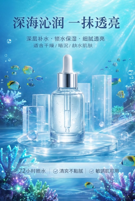 将背景替换为梦幻深海场景，有游动的热带鱼、闪烁的珊瑚和流动的水光，保持产品和文字不变，整体氛围清新治愈预览效果