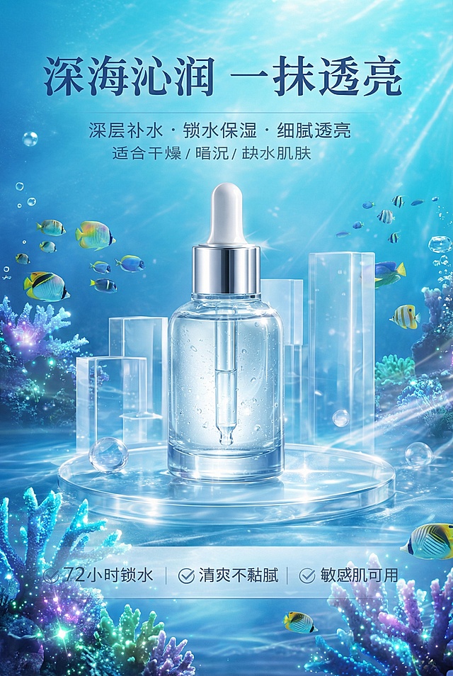 将背景替换为梦幻深海场景，有游动的热带鱼、闪烁的珊瑚和流动的水光，保持产品和文字不变，整体氛围清新治愈